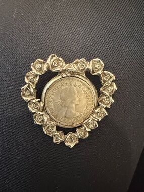 Estate Rare 1953 Queen Elizabeth Pence Heart Rose Coin Pendant